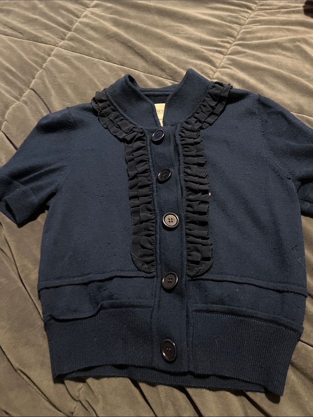 Ruffle-Trim Navy Short Sleeve Button-Up Cardigan